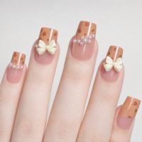 Faux ongles à presser 3D avec nœud, perle, pointe carrée, rose gelée à pois, breloque cœur, mignons, pour femmes