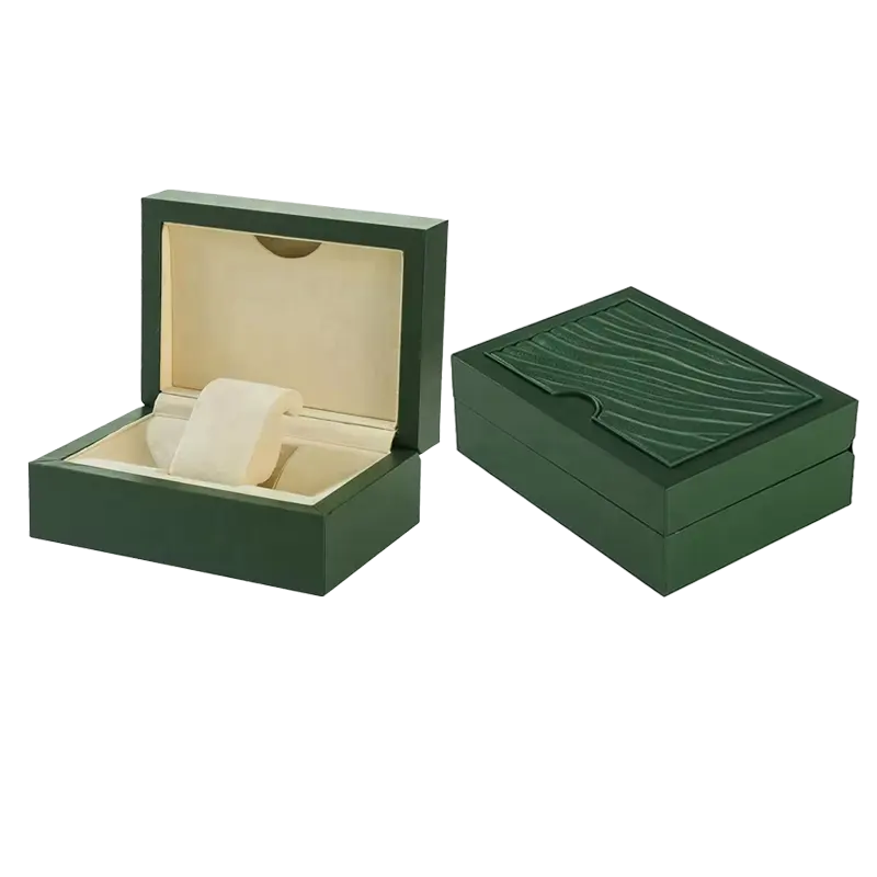 Logotipo personalizado Color verde Pu cuero madera reloj caja de embalaje con almohada cojín nuevo diseño