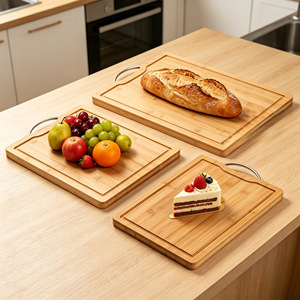 Bamboo Cutting Board <b>Set</b> 3-Piece With Handle Rectangle Kitchen Chopping Blocks For Food Prep - Product Image 2