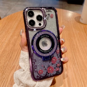 Nouvelle coque de luxe pour iPhone 16 15 14 13 12 Pro Max avec objectif caméra diamanté, motif floral, anneau magnétique scintillant et béquille - Product Image 5