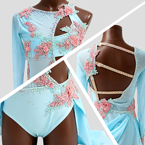 Costume de danse jazz pour filles, robe de performance de ballet lyrique bleue à fleurs, robe de gymnastique rythmique brodée de strass - Product Image 2
