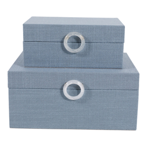Fabric Covered Decorative Storage Box with Ring Detail for Home Decor Keepsake Jewelry Box with Lid Set of Two - Product Image 1