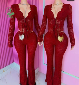 Новинка осенняя одежда кружевные женские комплекты с длинным рукавом сексуальный бандажный Топ и расклешенные брюки 2025 Клубная одежда из двух предметов - Product Image 1