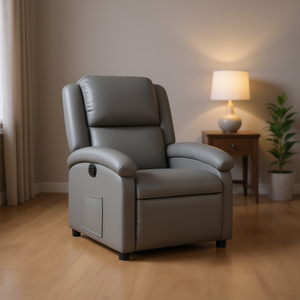 Fauteuil inclinable en similicuir gris, mécanisme manuel, design moderne, dossier rembourré, accoudoirs rembourrés, structure en bois - Product Image 2