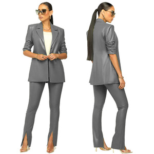 Ensemble 2 pièces de bureau en cuir PU pour femmes, Blazer à col cranté, taille haute, pantalon assorti, tenue de travail d'automne, survêtements Slim, 10% - Product Image 1