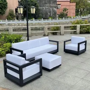 Sofá de lujo de aluminio y teca, conjunto de sofá seccional clásico de verano con dos sillones giratorios, sofá de aluminio para exteriores 3 1 1