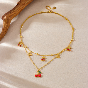 Fruit Cherry Pendant Layered Necklace Zinc Alloy Gold Plated Stackable Chain Gift Jewelry N3459 - Product Image 3