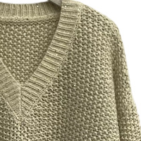 Pull en maille texturée épaisse à col en V pour femme, couleur unie avoine, coupe ample, manches longues, poignets côtelés, idéal pour l'automne – Marques privées