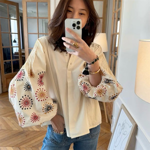 Women's White Retro Vintage ODM Half Placket Embroidered Blouse Loose Slouchy Conventional Sleeve <b>Romantic</b> Shirt - Product Image 5