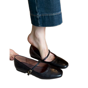 รองเท้าส้นเตี้ยหนังแท้สไตล์ฝรั่งเศสย้อนยุคสำหรับผู้หญิง รุ่น Mary Jane แบบหัวเข็มขัดเดี่ยว ดีไซน์หรูหรา หนังแกะ รุ่นเล็ก หนังแท้ สำหรับฤดูใบไม้ร่วง พื้นยาง - Product Image 3
