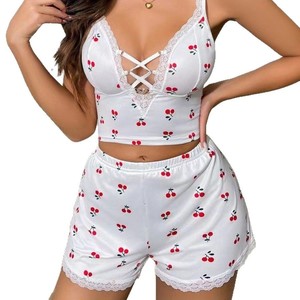 Conjunto de Dos Piezas con <span class=keywords><strong>Tirantes</strong></span> y Estampado de Cerezas, Sexy, Escote Profundo en V, Ropa de Casa para Mujer - Product Image 5