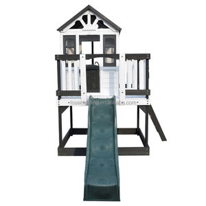 Casa de Juegos de Madera de Dos Niveles Blanca y Negra para Exteriores, Set de Juego Elevado para Niños con Tobogán y Barandilla de Seguridad - Product Image 1