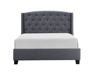 Lit moderne King Size capitonné avec rangement, capitonnage boutonné et clous décoratifs, en tissu gris et bois, mobilier de chambre - Product Image 2
