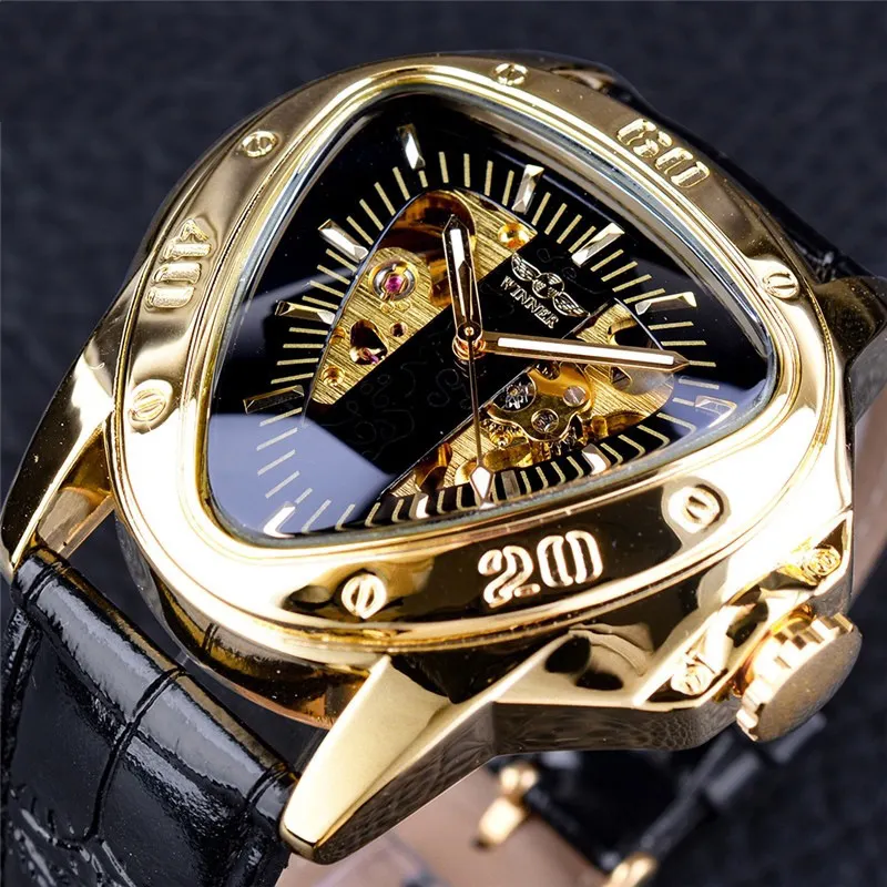 Top Brand Luxury Steampunk Fashion Triangle Golden Skeleton Movement Mysterious Men Automatic Mechanical Wrist Watches