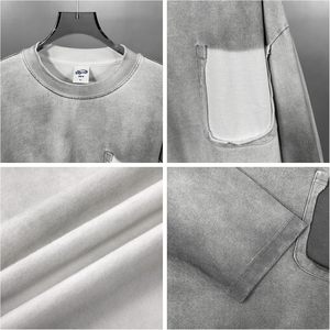 เสื้อยืดคอตตอนแขนยาวทรงโอเวอร์ไซส์สำหรับผู้ชาย ยี่ห้อ Keepsowing พร้อมกระเป๋าเสื้อที่อก คอกลม ล้างแบบวินเทจ ผ้าเจอร์ซีย์กันหด - Product Image 4