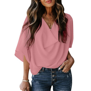 T-<span class=keywords><strong>shirt</strong></span> en mousseline décontracté à col en V et coupe ample de couleur unie pour <span class=keywords><strong>femme</strong></span>, idéal pour le quotidien – Nouvelle collection été, best-seller - Product Image 4