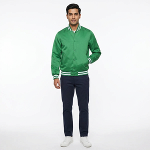 Custom Manufacturer <b>High</b> Street Style Satin Green Baseball Letterman Varsity Jackets Stand Front Pocket Custom for Colleges - Product Image 1