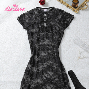 Chemise de nuit noire transparente en dentelle florale, maille ajourée, coupe haute, une pièce, sexy, lingerie intime pour femme, body - Product Image 4