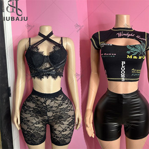 Sexy in <span class=keywords><strong>pizzo</strong></span> 2 pezzi set completo da donna con stampa Top corto traforato + abito corto in pelle - Product Image 1