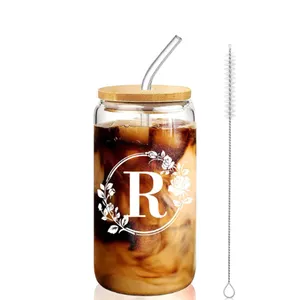 Nhà Máy giá bán buôn cao Borosilicate cốc cà phê với thư Logo 16 oz ly thủy tinh với nắp tre và kính rơm