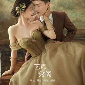 Strapless Ball Gown Wedding Dress Olive Green Vintage Style Long Train Natural Waistline Folds Design - Product Image 3