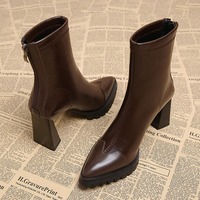 Bottines à plateforme pour femmes, talon bloc, bout pointu, tige extensible, fermeture éclair latérale, style chaussette, marron, pour les occasions de soirée, automne, hiver
