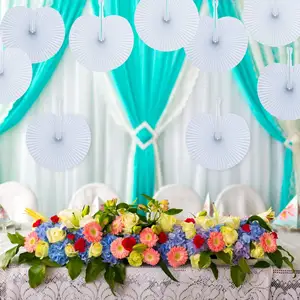 White Plastic Hand Fan Paper Round Shape Handheld Fans With Plastic Handle For Wedding