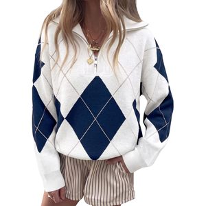 Custom Womens Quarter Zip <b>Sweater</b> <b>Argyle</b> Knit Pullover Long Sleeve Oversized Collared Fall Casual Top 100% Cotton - Product Image 1