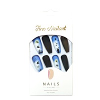 Faux ongles à presser Halloween Sorcière et Fantôme, extra longs, forme cercueil, avec motifs maison hantée effrayante noir mat et bleu, en acrylique