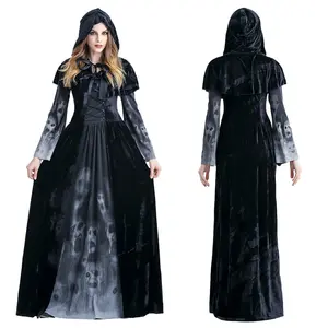 Vestido longo de deusa da morte para mulheres e adultos, roupa de festa, fantasia de horror, caveira, vampiro, fantasia de personagem, cor preta, Halloween