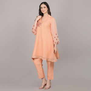 Ensemble élégant 2 pièces en cordon couleur pêche avec perles et broderies, collection stylée pour femmes - Product Image 1