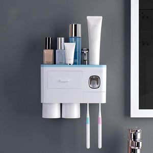 Wall Mounted Double Cup <b>Holder</b> Toothbrush Cup <b>Holder</b> with Automatic <b>Toothpaste</b> Squeezer Eco-Friendly Modern Design for Bathroom - Product Image 1