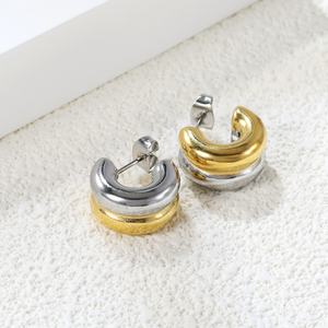 Trendy 18K <b>Gold</b> Plated Two-tone Double-layer <b>Chunky</b> C <b>Hoop</b> Earring Stainless Steel Jewelry Wholesale Stud Earrings for Women - Product Image 2