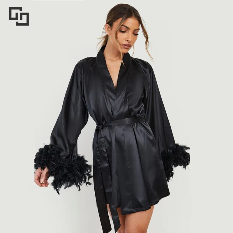 New Designer Robe set Luxury Bridal Fur Feather lounge Femme Designer Satin Silk Women abiti da damigella d'onore