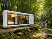 Maison capsule spatiale moderne avec salle de bain privée et armoire intégrée pour location d'appartements en complexe hôtelier