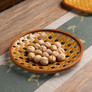 Handmade Bamboo Woven Fruit <b>Basket</b> Round <b>Tray</b> With Handle For Snacks Dried Fruits Residential Use Solid Pattern - Product Image 3