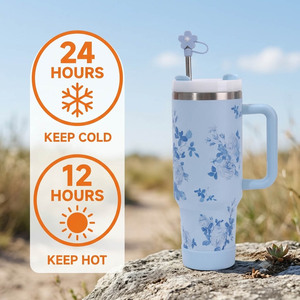 Gobelet isotherme sous vide en acier inoxydable 304 de 40 oz à motif floral, portable pour l'extérieur, avec poignée et paille, pour voiture - Product Image 2