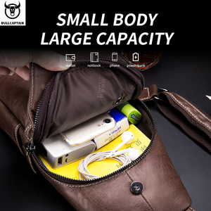 Bolso Bandolera de Cuero Genuino para Hombre BULLCAPTAIN, Logotipo Grabado, Cierre de Cremallera, Tamaño Pequeño, para Uso Diario, Bolso de Pecho, Bolso Mensajero - Product Image 3