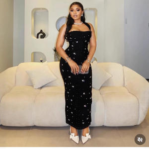 Vestido Vintage Antiestático <span class=keywords><strong>Elegante</strong></span> de Estilo Europeo Americano con Hombro Descubierto, Cuello Halter, Abertura Alta y Adornos de Cuentas y Diamantes, Corte Imperio - Product Image 1