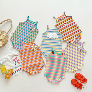 Barboteuse d'été fine pour bébé fille, à bretelles, rayée, <span class=keywords><strong>en</strong></span> coton élasthanne, mi-mollet, avec fermeture boutonnée discrète, adorable, une pièce - Product Image 1