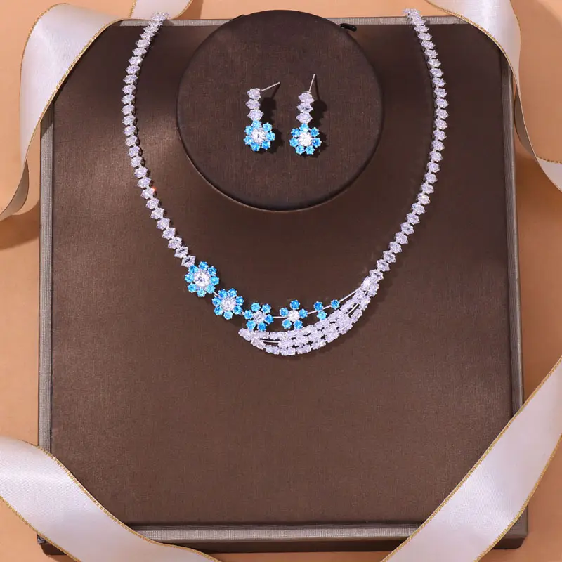 SLBRIDAL Alloy Rhinestones Crystal Bridal Jewelry Set Blue Zircon Flower Wedding Necklace Set Bridesmaids Women Dress Jewelry