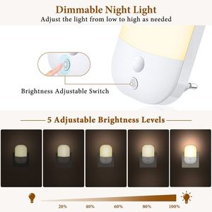 Luz Nocturna LED con Sensor de Movimiento Crepuscular, 5 Niveles de Brillo Ajustables, Enchufe de Corriente, Modos Auto/Encendido/Apagado, para Dormitorio y Baño - Product Image 3