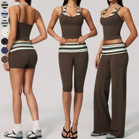 Set Yoga dengan Pinggang Bergaris, Atasan Tank Top Halter, Celana Panjang Pinggang Tinggi, Celana Pendek Biker, Pakaian Olahraga Aktif untuk Wanita