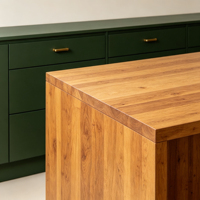 Meuble de cuisine ouvert en acier inoxydable vert foncé mat, îlot en bois massif, mobilier de cuisine moderne sur mesure, évier durable