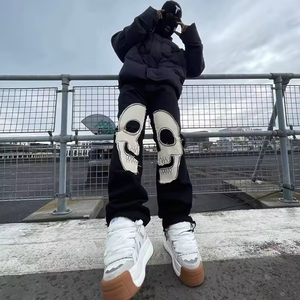 Streetwear pantaloni della tuta in cotone da uomo Custom teschi toppa Patchwork ricamo pantaloni in pile impilati felpe uomo - Product Image 4