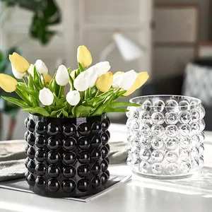 Florero de vidrio redondo nórdico personalizado, florero de vidrio negro soplado en forma de burbuja