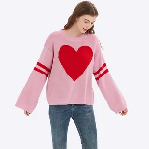 Custom Women's Sweaters For Valentine's Day Red Hearts Knitted Loose Fit Round Neck Pullover Sweaters