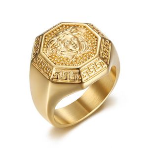 Men's Octagonal <b>Titanium</b> Steel <b>Ring</b> Golden With Woman Head Design Hip Hop Jewelry Gift - Product Image 1