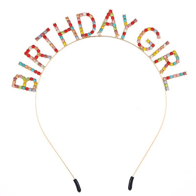 Rainbow Crystal Gold Tone Happy Birthday Crown Tiara Headband with Rhinestones for Party Decorations