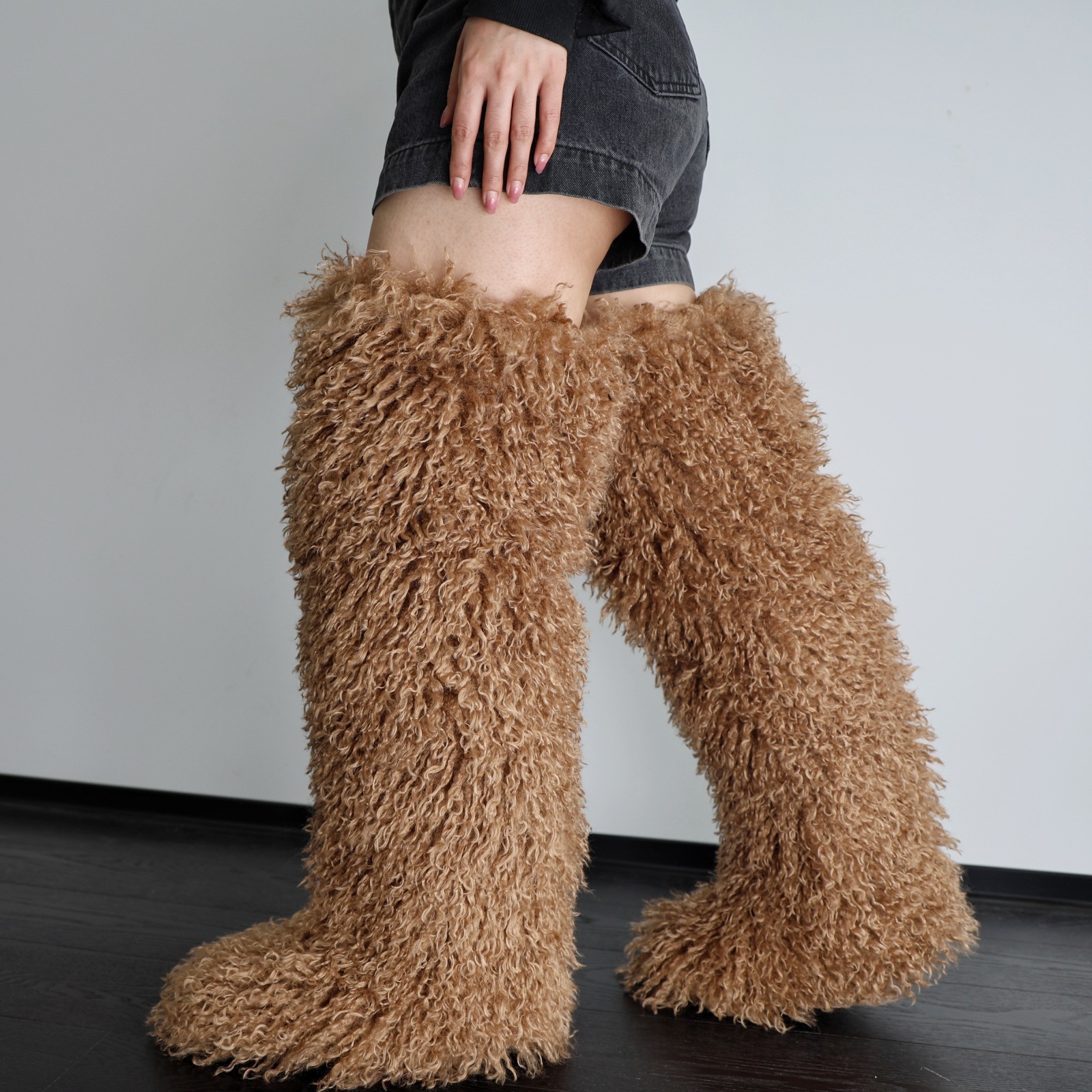 fur thigh high boots high heel